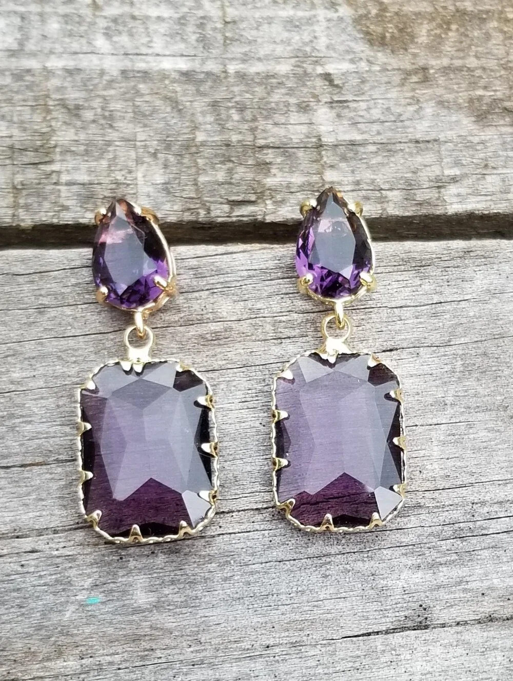 14k Gold Amethyst Stud Earrings, Rectangular Amethyst Dangle Earrings